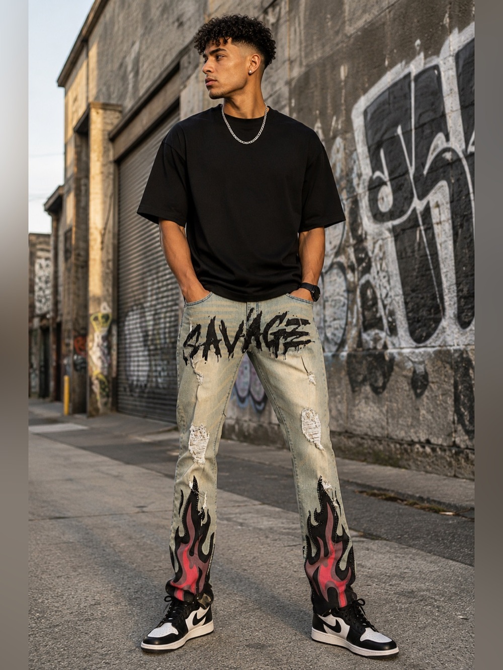 GFTD Savage Graphic Flame Distressed Stretch Jeans Men’s Size 40 Streetwear